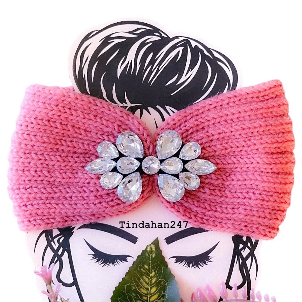 Teardrop Bow‎ Shape Clear Gem Pink Knit Knot Crochet Handmade Headband